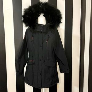 CANADA WEATHER GEAR Black Faux Fur Cinch-Waist Hooded Anorak - Large